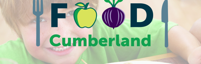 Food Cumberland logo banner with boy eating healthy school meal in the background