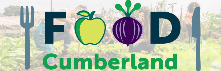 Food Cumberland logo on background of people growing in a community garden